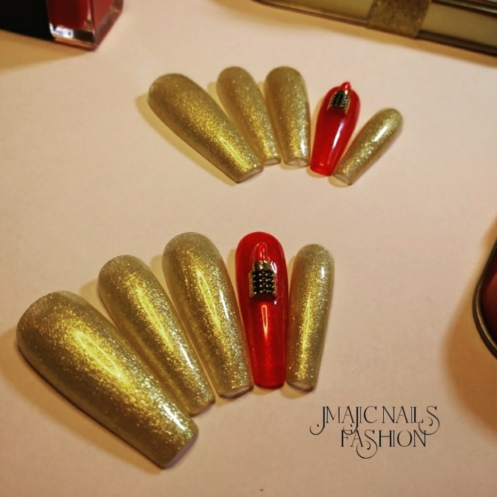 Long Coffin Gold Red Lipstick Press on Nails